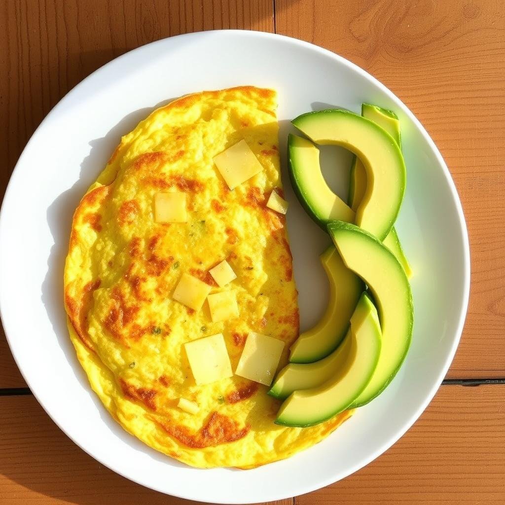 Omelette keto à l'avocat et au fromage servie dans une assiette