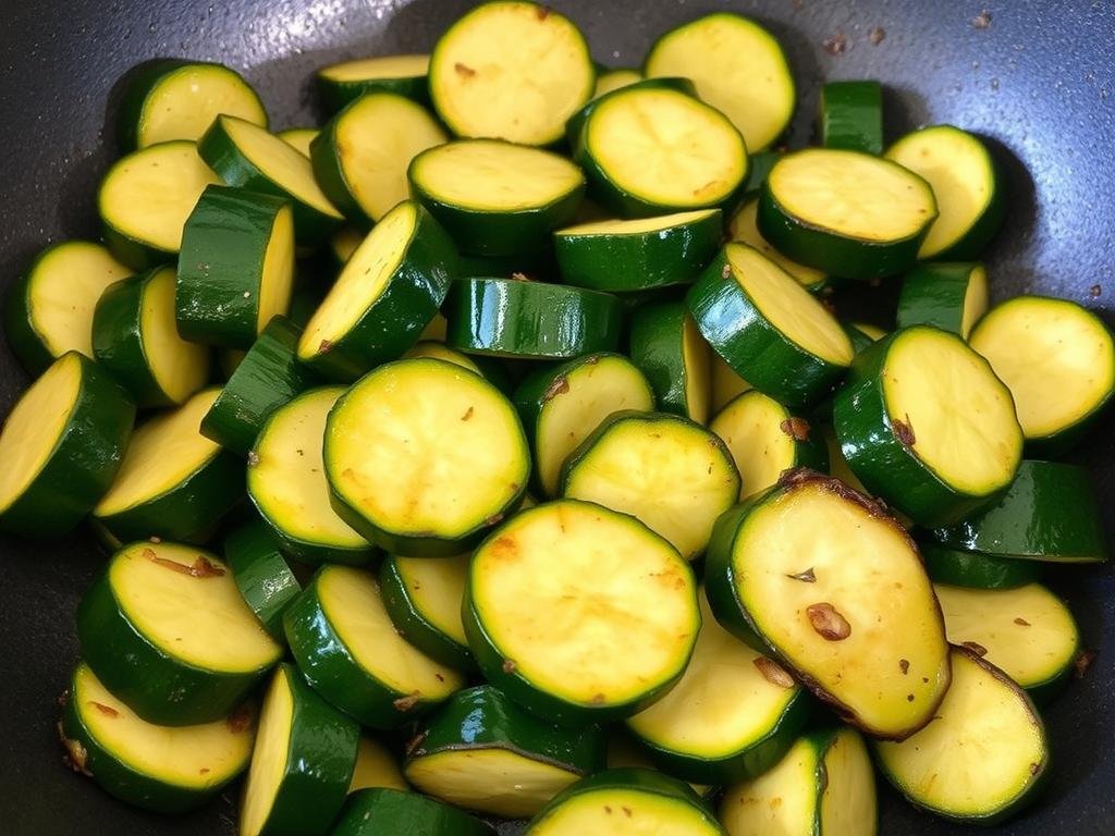 Courgettes sautées dans une poêle, légèrement dorées et croquantes