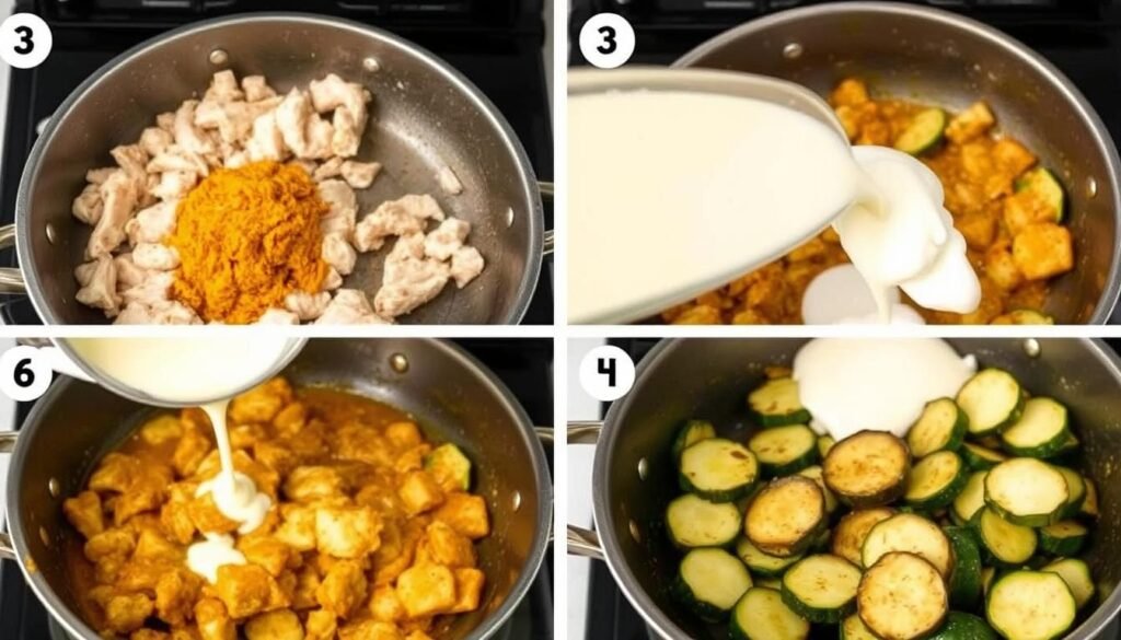 Étapes de préparation du poulet au curry coco keto avec courgettes sautées