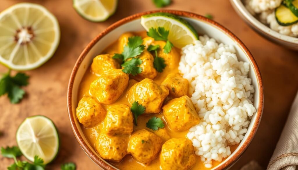 Plat final de recette keto poulet au curry coco courgettes sautées servi avec du riz de chou-fleur