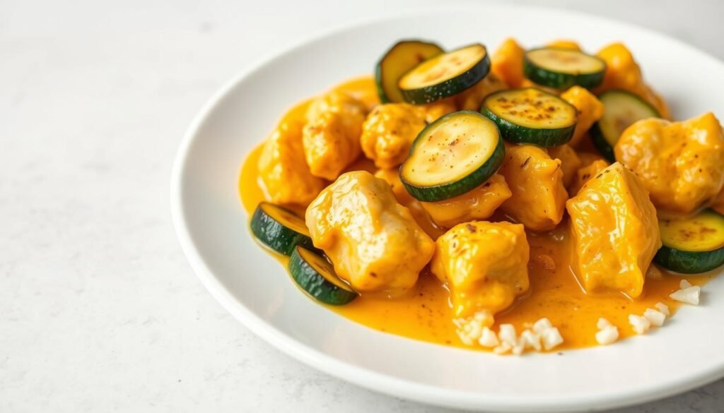 Poulet au curry coco avec courgettes sautées dans une assiette, plat keto appétissant