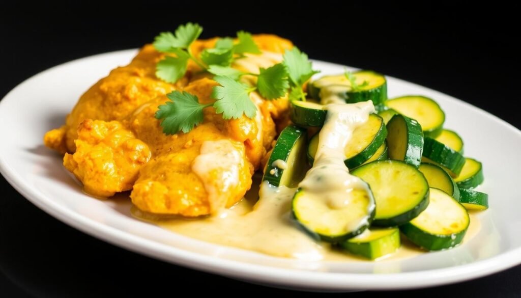 Présentation finale du plat keto poulet au curry coco avec courgettes sautées, garni de coriandre fraîche