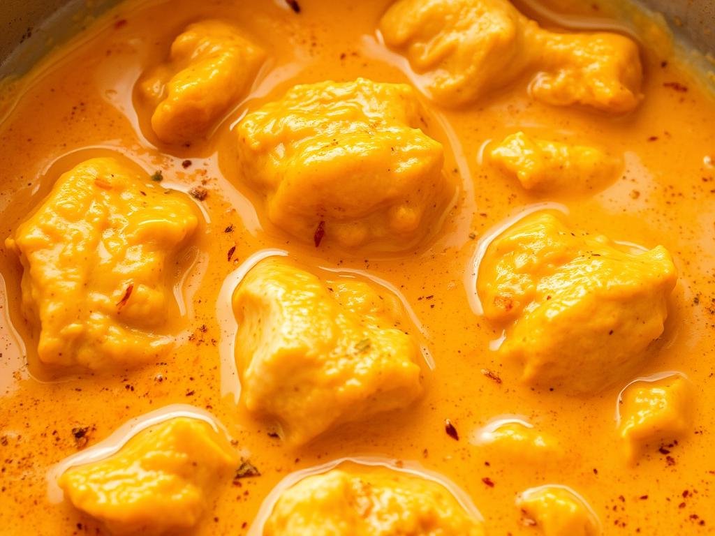 Sauce curry coco crémeuse avec morceaux de poulet mijotant dans une poêle